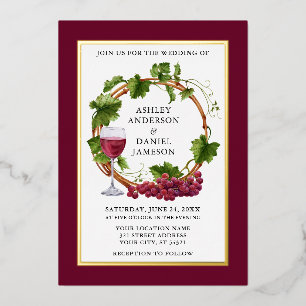 Waterverf Grapes Wreath Wedding Burgundy Gold Folie Uitnodiging