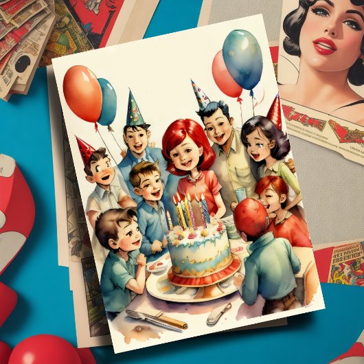 Waterverf Grappige Comic Verjaardagscène Kaart