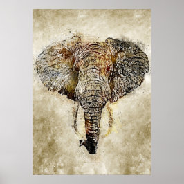 Waterverf  graslaag Schilderen van olifant Poster