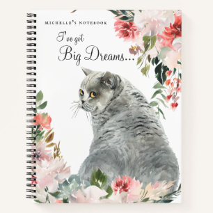 Waterverf Gray Cat Floral Quote & Monogram Notitieboek