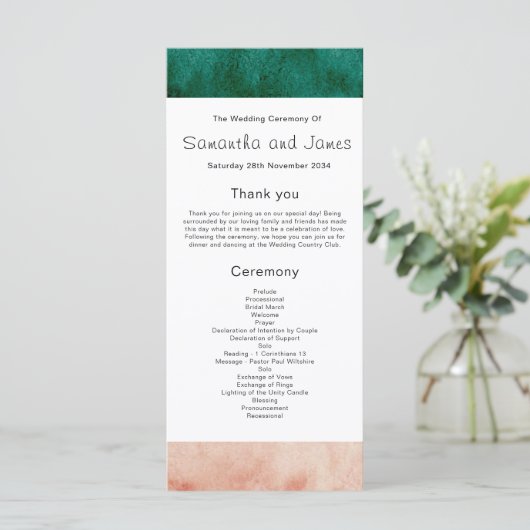 Waterverf Green Blush Pink Wedding Programme (Staand voorkant)