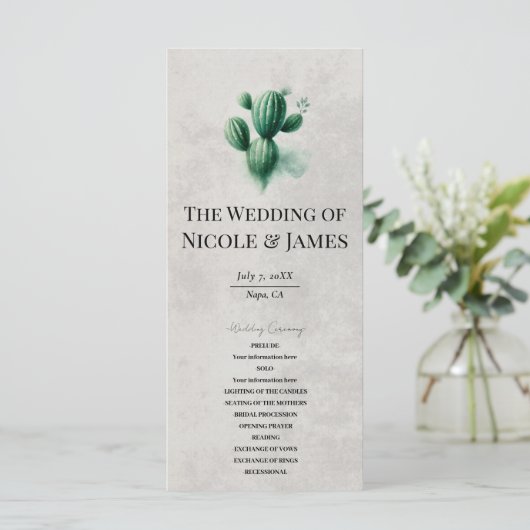 Waterverf Green Cactus Stone Grey Wedding Programm Menu (Staand voorkant)