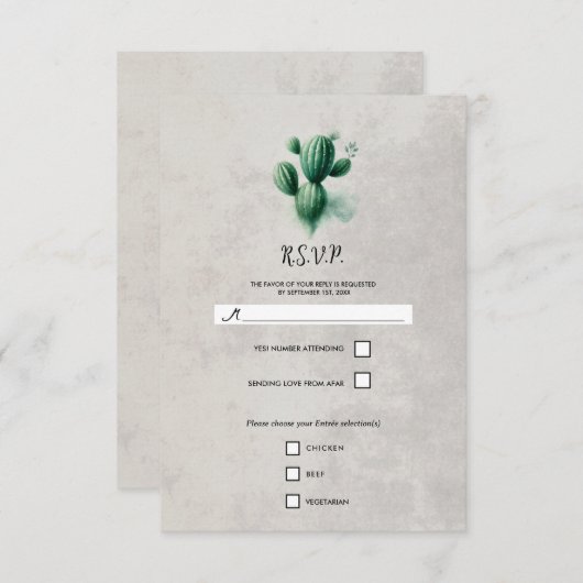 Waterverf Green Cactus Stone Grey Wedding RSVP (Voorkant / Achterkant)