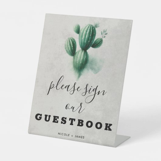 Waterverf Green Cactus Wedding Guestbook Sign Reclamebord Met Voetstuk (Voorkant)