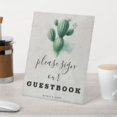 Waterverf Green Cactus Wedding Guestbook Sign Reclamebord Met Voetstuk (Insitu)