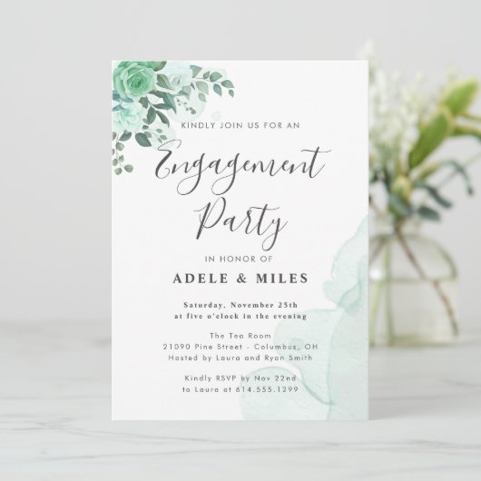 Waterverf Green Flowers Engagement Party Kaart (Staand voorkant)