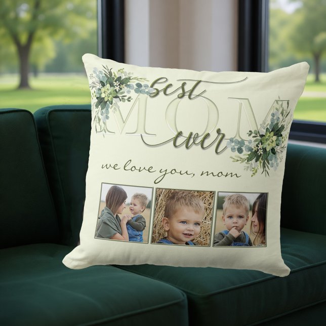 Waterverf Green laat mam foto Pillow Kussen (Pillow featuring a stylized Mom text with green watercolor leaves and your own photos - Mother's Day)