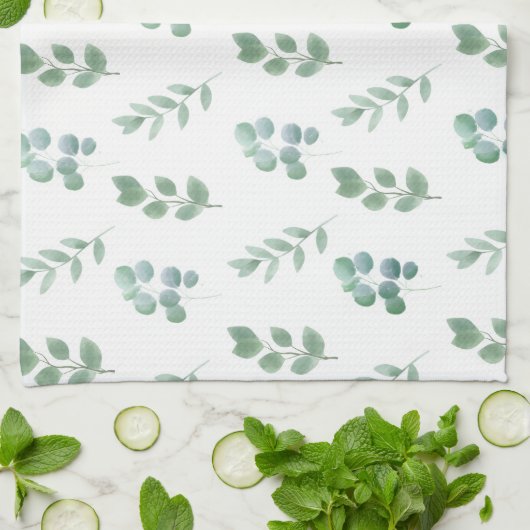 Waterverf Green Leaf Pattern – Elegant Botanisch Theedoek (Gevouwen)