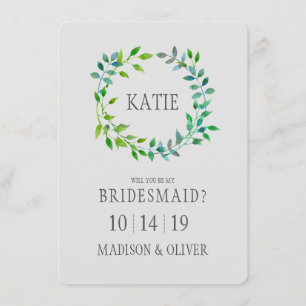 Waterverf Green Leaf Wreath Bridesmaid Kaart
