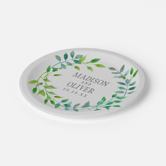 Waterverf Green Leaf Wreath | Weddenschap Papieren Bordje (Gekanteld)