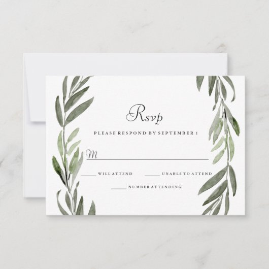 Waterverf Green Leaf Wreath Wedding RSVP (Voorkant)