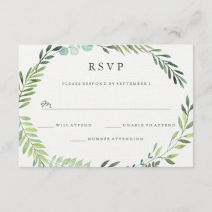 Waterverf Green Leaf Wreath Wedding RSVP Kaartje