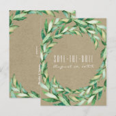 Waterverf Green Leaves Rustic Kraft Bewaar de datu Aankondigingskaart (Voorkant / Achterkant)