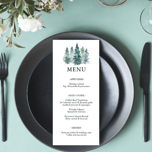 Waterverf Green Pine Spruce Trees Wedding MENU