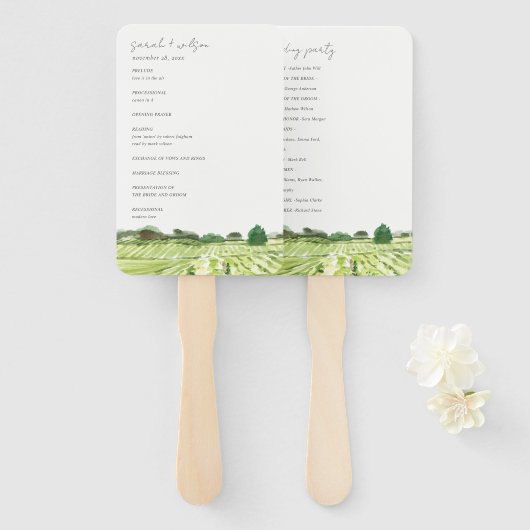 Waterverf Green Winery Vineyard Wedding Programme Handwaaier (Voorkant en achterkant)