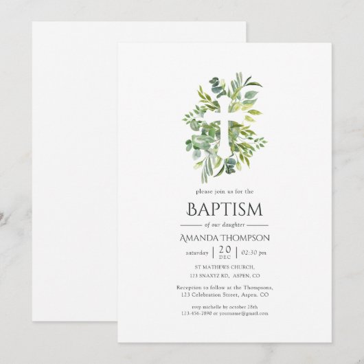 Waterverf Greenery Baptism of Christening Kaart (Voorkant / Achterkant)