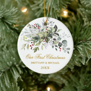 Waterverf Greenery Berries Eerste Kerstmis Goud Keramisch Ornament