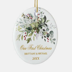 Waterverf Greenery Berries Gold FOTO BACK Keramisch Ornament