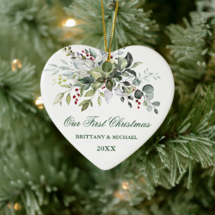 Waterverf Greenery Berries Heart Couple Keramisch Ornament