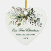 Waterverf Greenery Berries Heart Couple Keramisch Ornament (Voorkant)