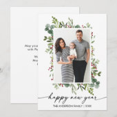 Waterverf Greenery Berries Ink Script Nieuwjaar Feestdagenkaart (Voorkant / Achterkant)