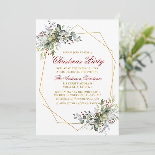 Waterverf Greenery Berries kerstrood goud Kaart (Staand voorkant)