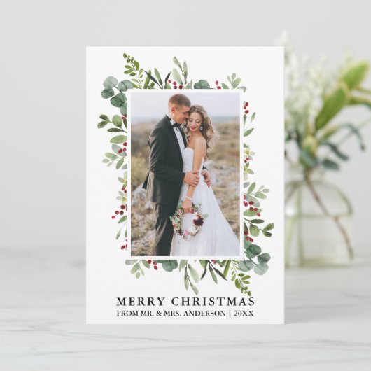 Waterverf Greenery Berries Pas getrouwd Kerstmis Feestdagenkaart (Staand voorkant)