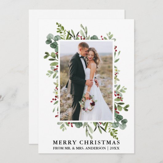 Waterverf Greenery Berries Pas getrouwd Kerstmis Feestdagenkaart (Voorkant / Achterkant)
