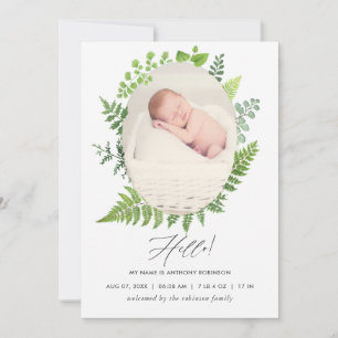 Waterverf Greenery Birth Announding Foto Card Aankondiging