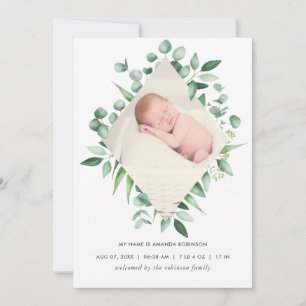 Waterverf Greenery Birth Announding Foto Card Aankondiging
