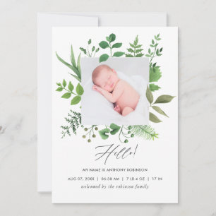 Waterverf Greenery Birth Announding Foto Card Aankondiging