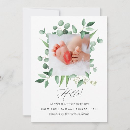 Waterverf Greenery Birth Announding Foto Card Aankondiging (Voorkant)