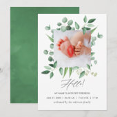 Waterverf Greenery Birth Announding Foto Card Aankondiging (Voorkant / Achterkant)