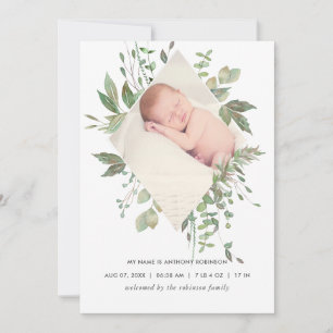Waterverf Greenery Birth Announding Foto Card Aankondiging