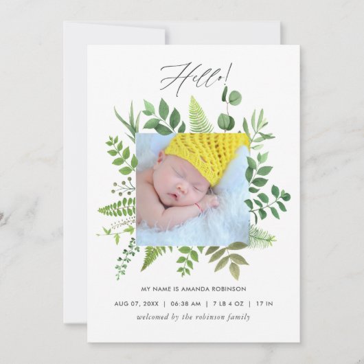 Waterverf Greenery Birth Announding Foto Card Aankondiging (Voorkant)