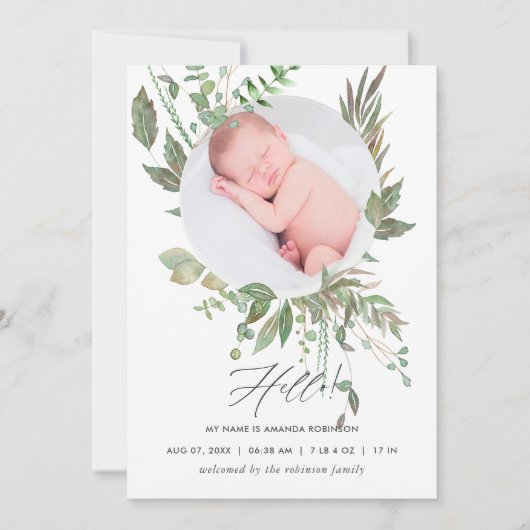 Waterverf Greenery Birth Announding Foto Card Aankondiging (Voorkant)