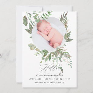 Waterverf Greenery Birth Announding Foto Card Aankondiging