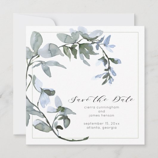 Waterverf Greenery Blue Floral Script Save The Date (Voorkant)