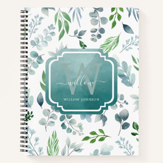 Waterverf Greenery Blue Green Foliage Monogram Notitieboek (Voorkant)