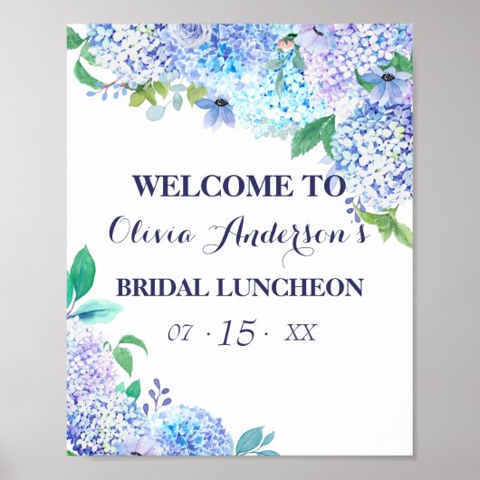 Waterverf Greenery Blue Hydrangea Bridal Luncheon Poster (Voorkant)