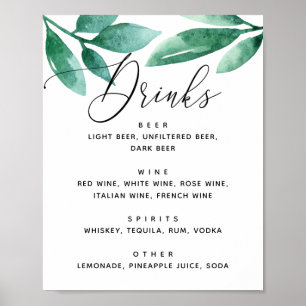 Waterverf greenery botanical bruiloft drink bar poster