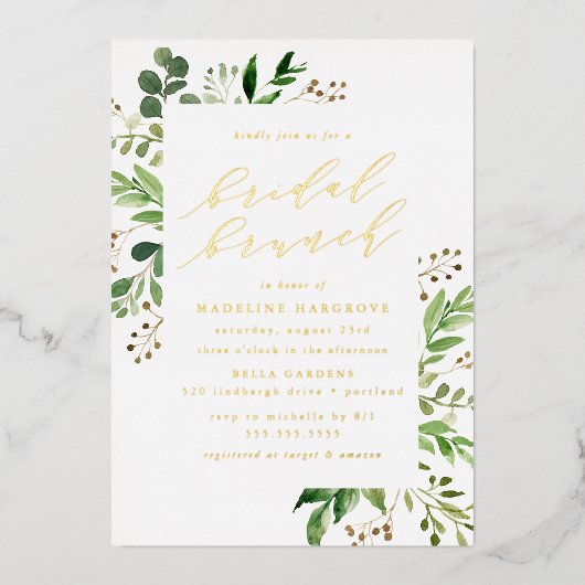 Waterverf Greenery Bridal Brunch Folie Uitnodiging (Voorkant)