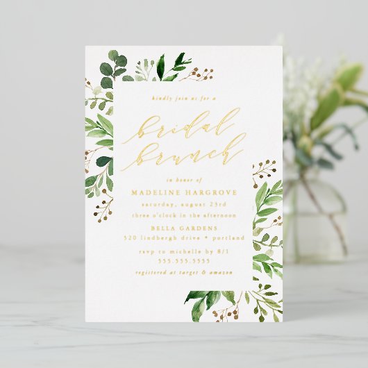 Waterverf Greenery Bridal Brunch Folie Uitnodiging (Staand Voorkant)