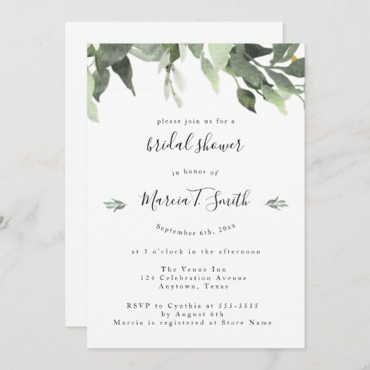 Waterverf Greenery Bridal Shower Invitations Kaart (Voorkant / Achterkant)