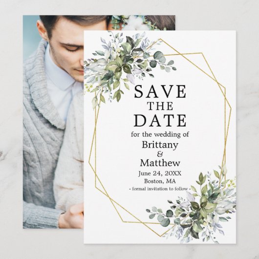 Waterverf Greenery Dusty Blue Geo Lijst Save The Date (Voorkant / Achterkant)