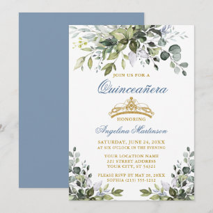 Waterverf Greenery Dusty Blue Gold Quinceañera Kaart