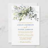 Waterverf Greenery Dusty Blue Gold Wedding Kaart (Voorkant)