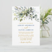 Waterverf Greenery Dusty Blue Gold Wedding Kaart (Staand voorkant)