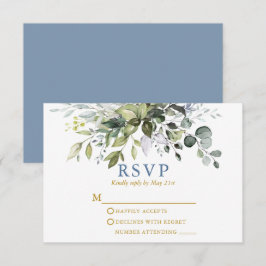 Waterverf Greenery Dusty Blue Gold Wedding RSVP Kaartje