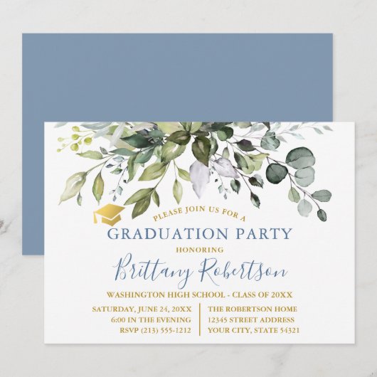 Waterverf Greenery Dusty Blue Graduation Party Kaart (Voorkant / Achterkant)